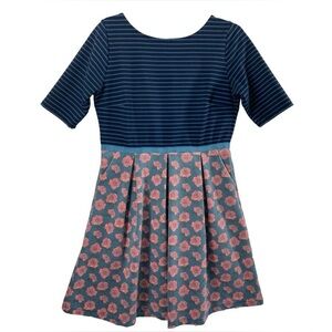 Matilda Jane Dress Womens Large Blue Stripe Top Rose Pleated Bottom Side Pockets